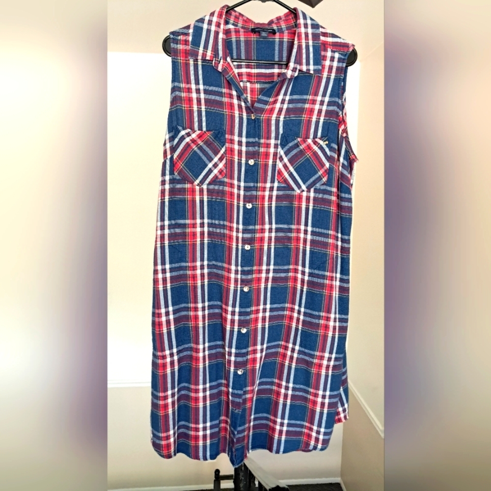 Tommy Hilfiger Sleeveless Plaid Red White And Blue Shirt Dress